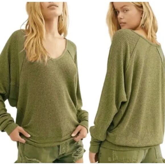 NWT Free People Santa Clara Thermal Waffle Knit Cotton Top Size M Green Furngull - Picture 1 of 10